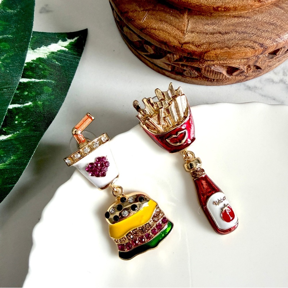 Hamburger Fries Fast Food Ketchup Statement Earrings Quirky Whimsical Jewelry